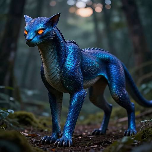 Digital artwork of a blue, scaly, glowing-eyed wolf-like creature with sharp claws, standing in a dark, foggy forest.