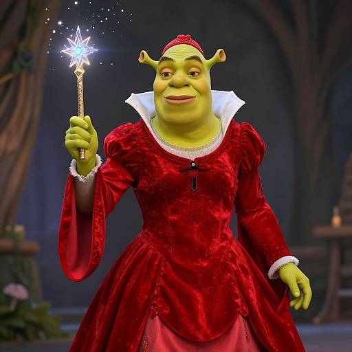 Photograph of a green-skinned, elf-like character with large ears, wearing a red velvet dress with white collar, holding a sparkling wand, smiling