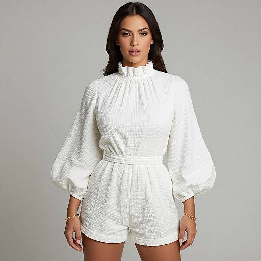 Photograph of a stylish woman with dark hair, wearing a textured white long-sleeve romper with puffed sleeves, standing against a plain gray