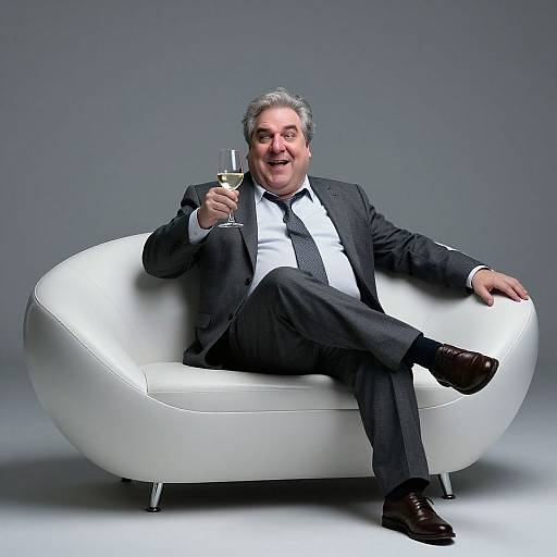 Photograph of a smiling middle-aged man with gray hair, wearing a black suit, white shirt, and tie, reclining on a white, modern