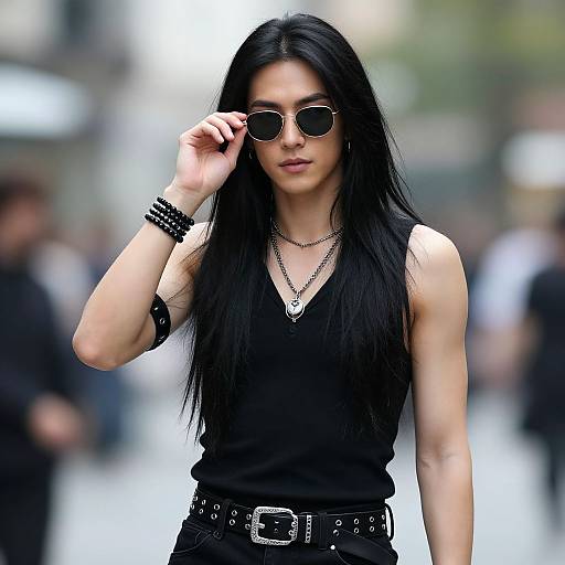 Photograph of a slender Asian man with long black hair, wearing sunglasses, a black sleeveless shirt, and black studded belt, adjusting his glasses