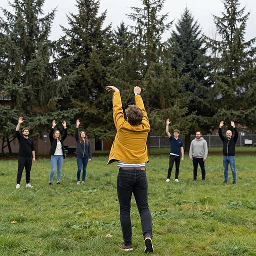Man Throwing Ball in Park with Group