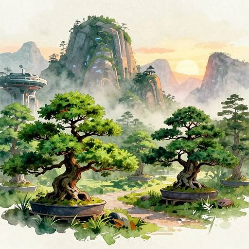 Digital painting of a lush, misty landscape with ancient, towering cliffs, futuristic floating structures, and gnarled, green-leaved trees in the