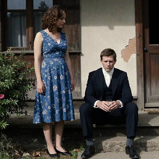 Man and Woman on Steps of Rustic House