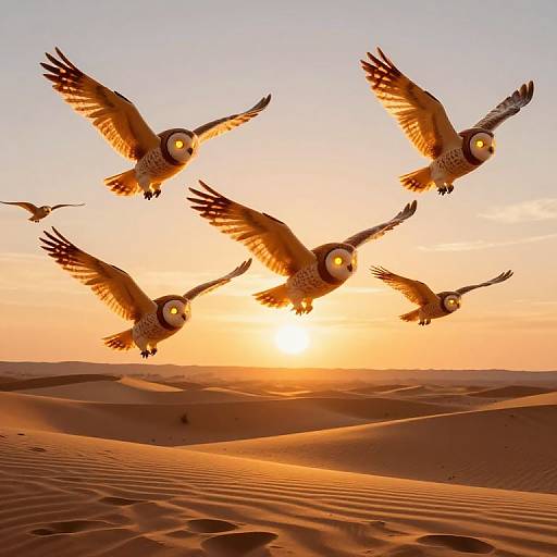 Glowing Owls Soaring at Desert Sunset