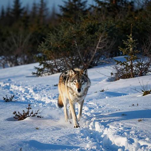 Photograph of a lone, alert wolf with brown, black, and white fur walking through a snowy forest path, surrounded by dark evergreen trees and