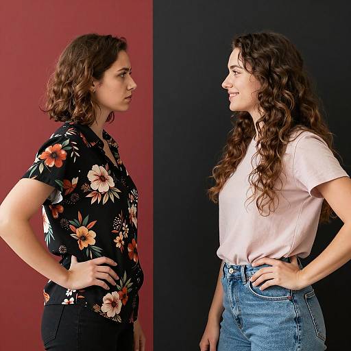 Two Women Facing Each Other with Contrasting Expressions