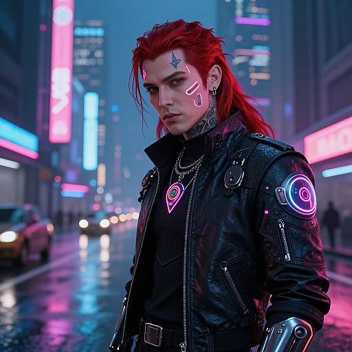 Cyberpunk street scene: Red-haired man with glowing face markings, neon-lit jacket, and futuristic accessories stands on a rain-soaked city street