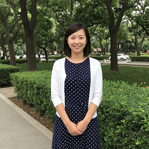 Photograph of a smiling Asian woman with straight black hair, wearing a white long-sleeve shirt under a navy blue polka dot dress, standing
