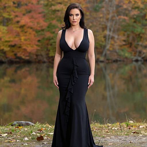 Photograph of a brunette woman with fair skin, wearing a black, deep V-neck, form-fitting evening gown, standing in front of an autumn