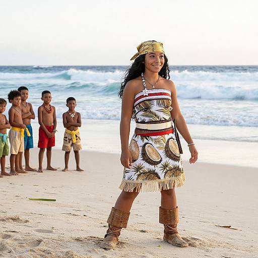 Photograph of a dark-haired woman in traditional tropical attire with a fringed skirt and straw hat, standing on a sandy beach with six boys in colorful