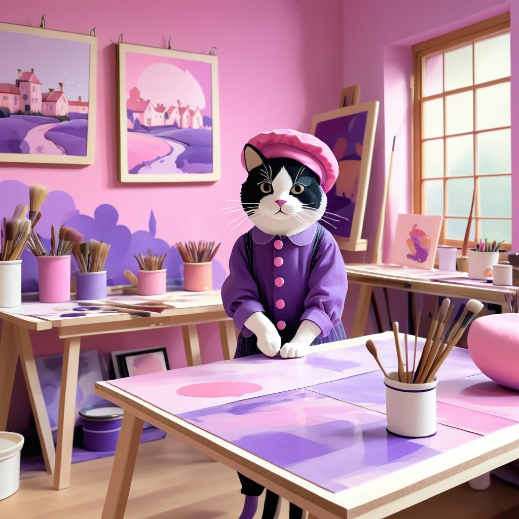 Dreamy Cat Painter in Surreal Studio