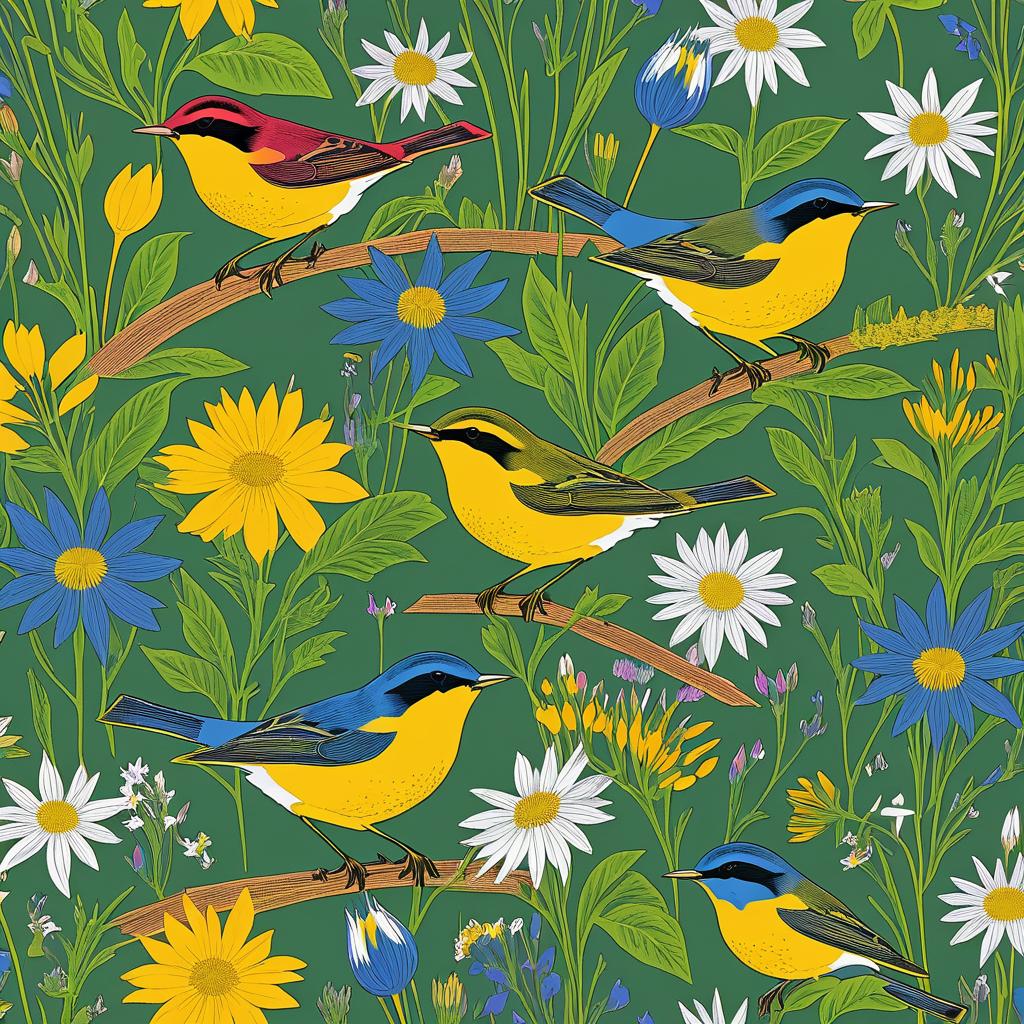 Vibrant Warblers Amidst Wildflowers Engraving