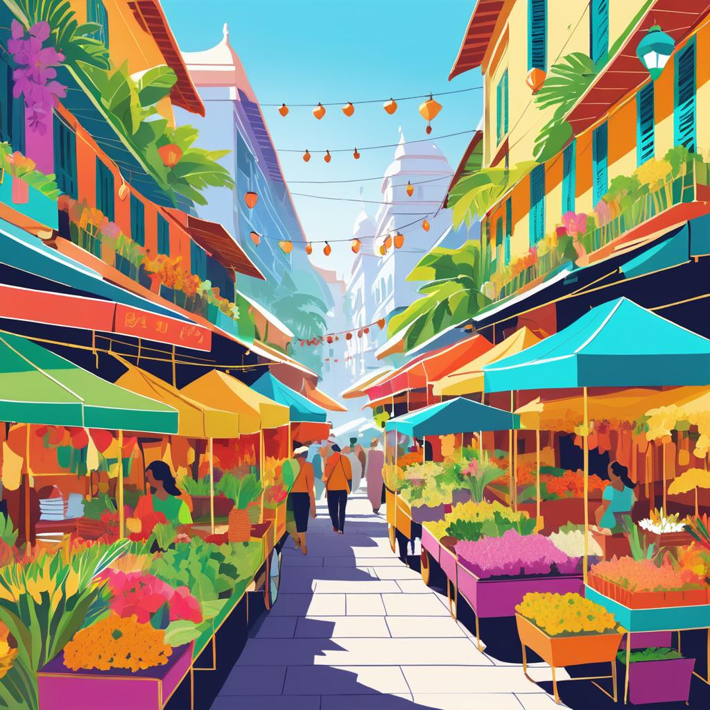 Vibrant Market Street with Tropical Flair