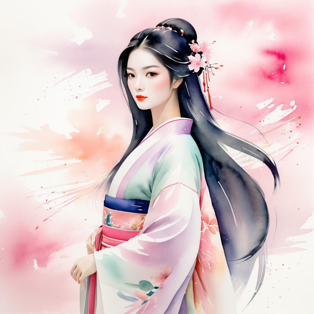 Elegant Asian Woman in Watercolor Kimono