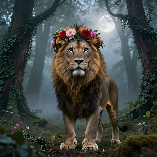 Digital artwork of a majestic lion with a colorful flower crown, standing confidently in a misty, enchanted forest.