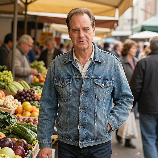Photograph of a middle-aged man with short brown hair, wearing a blue denim jacket over a white shirt, standing in a busy outdoor market with colorful