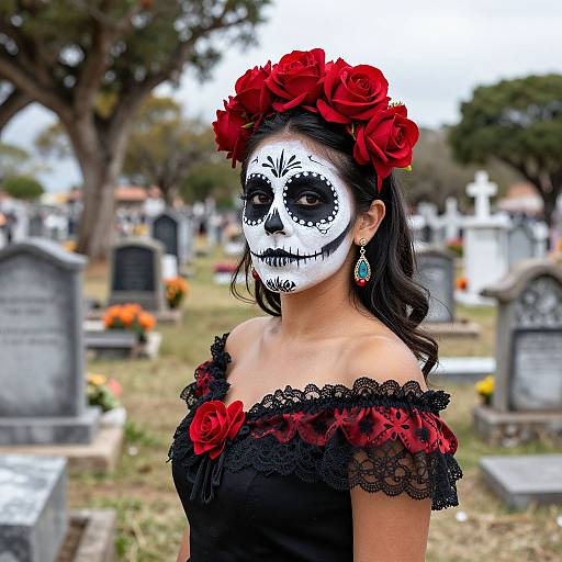 Photograph of a woman with black and white sugar skull face paint, red flower crown, black lace off-shoulder dress, turquoise earrings, standing