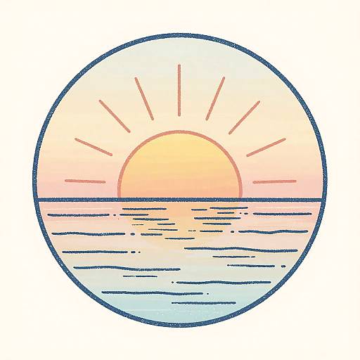 Retro Hand-Drawn Circular Sunset Linocut