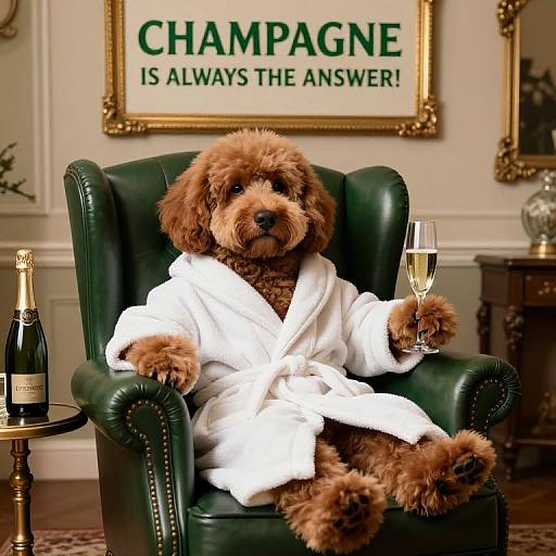 Photograph of a brown poodle in a white bathrobe, holding a champagne glass, seated on a green leather chair, with a champagne bottle on