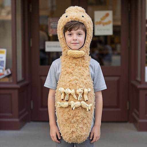 Photograph of a young boy in a fluffy, tan, dinosaur costume with small toy bones on the front, standing in front of a maroon storefront