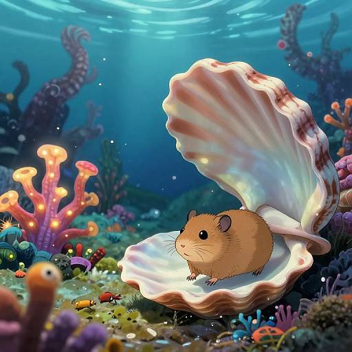 Digital illustration of a cute, brown hamster inside a large, white seashell on a colorful underwater coral reef, surrounded by glowing corals and