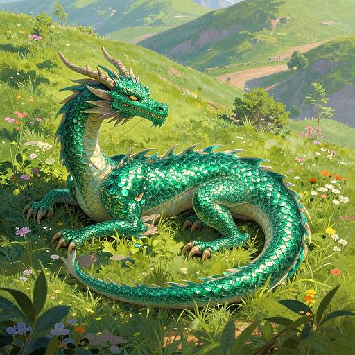 Digital art of a vivid green, shimmering dragon with horns, lying in a sunlit meadow of colorful wildflowers, surrounded by rolling hills and