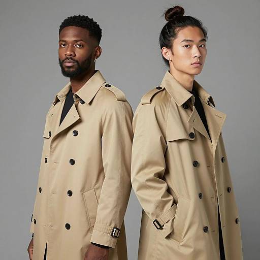 Two Men Wearing Beige Trench Coats Back to Back