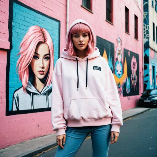 Young woman with pastel pink hair in urban street art setting