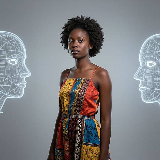 Photograph of a dark-skinned woman with afro hair, wearing a colorful, patterned dress, standing between two glowing white wireframe head outlines