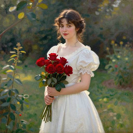 Photograph of a young woman with fair skin, brown wavy hair, wearing a white lace dress holding a bouquet of red roses, standing in a
