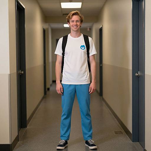 Photograph of a young man with light brown hair, wearing a white t-shirt, blue pants, black sneakers, and a black backpack, standing in