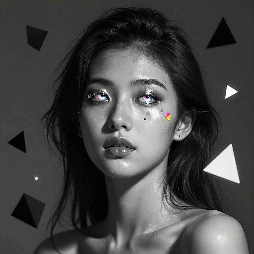 Digital artwork of a glistening, pale-skinned young woman with dark hair, glowing pink eyes, and colorful triangle patterns on her cheek, set against