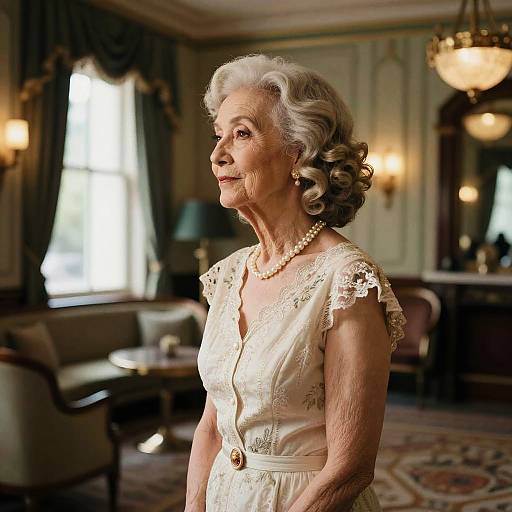 Elegant Elderly Woman with Loose Curls in Vintage Dress