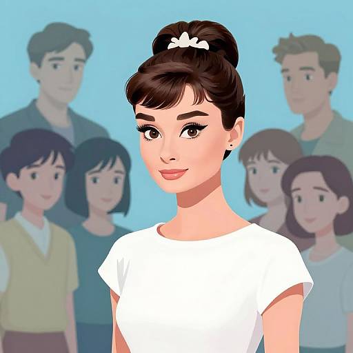 Digital illustration of a smiling Asian woman with dark hair in a bun, white bow, and white shirt, set against a blue background with blurred, smiling