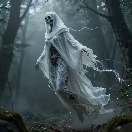 Ethereal Ghost Floating in Misty Forest