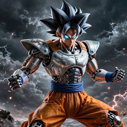 Digital artwork of a cybernetic, spiky-haired Super Saiyan with glowing blue eyes, metallic armor, and orange pants, against a stormy