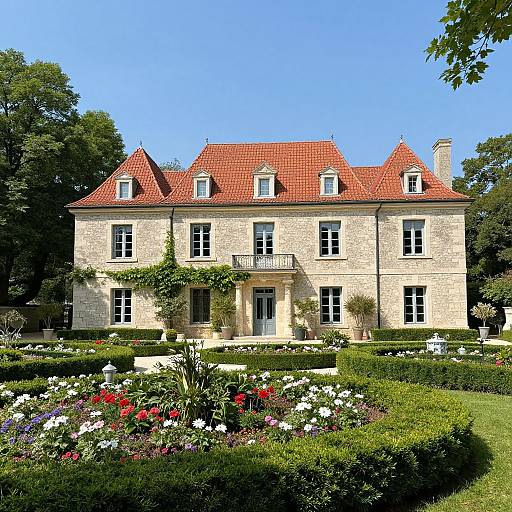 Photograph of a charming, two-story stone mansion with a red-tiled roof, surrounded by a lush, colorful garden and tall trees.