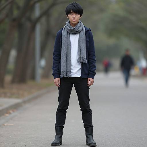 Photograph of a young Asian man with short black hair, wearing a gray scarf, black jacket, white shirt, black pants, and boots, standing