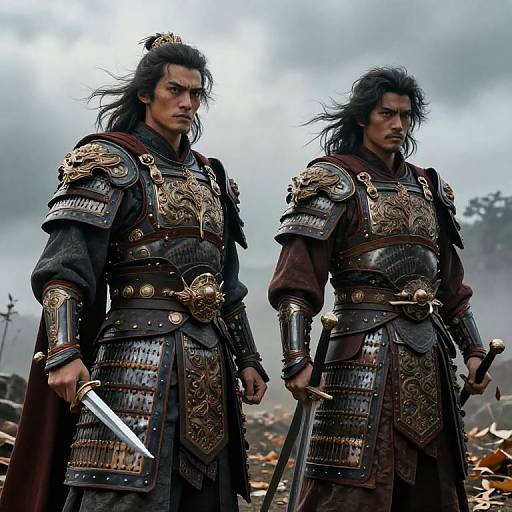 Photorealistic CGI: Two fierce, dark-haired samurai in ornate, gold-embossed armor stand back-to-back, holding swords, amidst