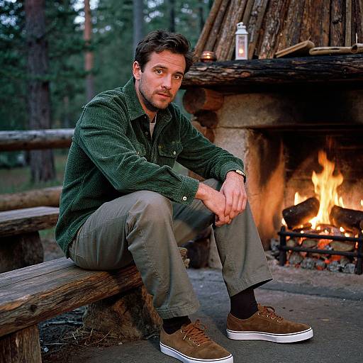 Photograph of a bearded man with short brown hair, wearing a green corduroy shirt and brown shoes, sitting on a wooden bench by a