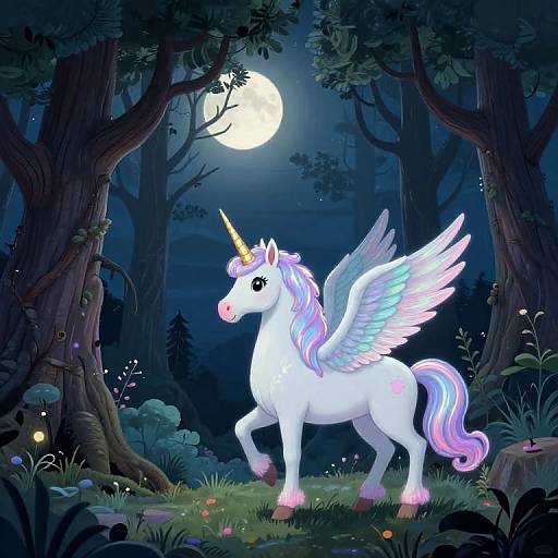 Winged Unicorn in Enchanted Forest at Moonlight