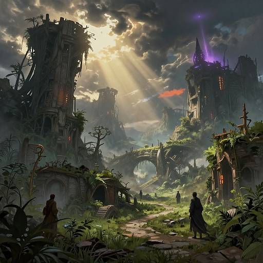 Fantasy cityscape illustration: Sunlit, overgrown ruins with towering, vine-covered spires; silhouetted figures; glowing purple light;