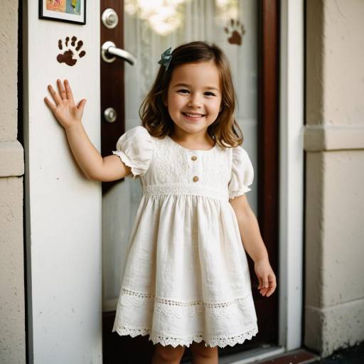 Smiling Toddler Girl in White Dress by Daycare Door