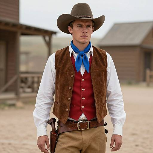 Photograph of a serious white man in a brown cowboy hat, white shirt, red vest, blue neckerchief, and brown pants, standing in