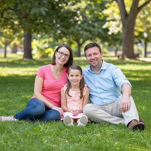 Photograph of a smiling family: mother in pink shirt, glasses, blue jeans; father in blue shirt, beige pants; daughter in pink dress,
