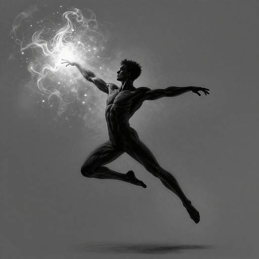 Digital silhouette of a muscular, nude male figure in mid-air, right arm emitting bright, glowing energy with swirling light and smoke. Gray background. Dynamic