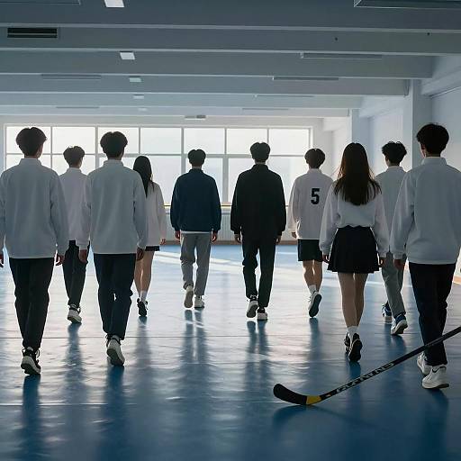 People Departing in a Blue-Lit Space