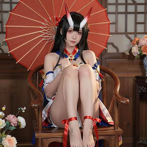 Asian Woman in Horned Cosplay Pose