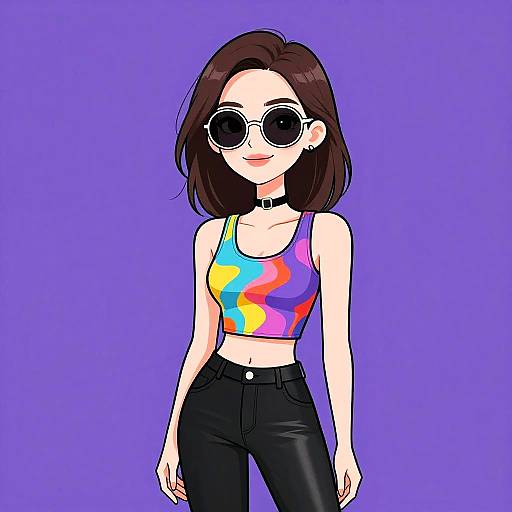 Digital anime-style drawing of a woman with brown hair, wearing round sunglasses, a colorful tie-dye crop top, black leather pants, and a black